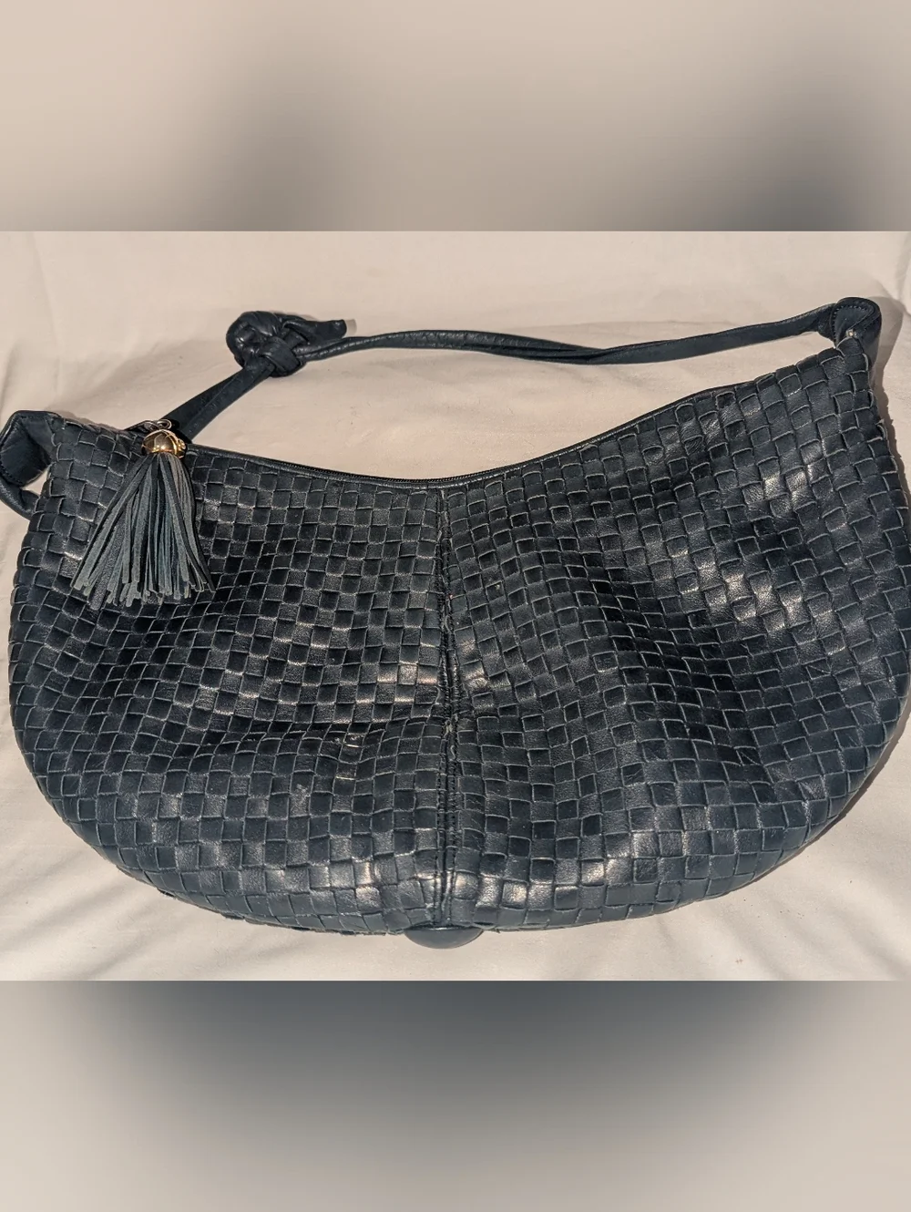 Vintage Woven Leather Hobo Bag In Navy Blue. Made In Korea